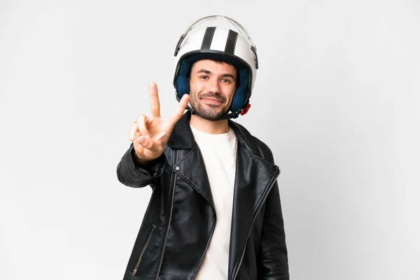 Young Caucasian Man Motorcycle Helmet Isolated White Background Smiling Showing — Foto de Stock
