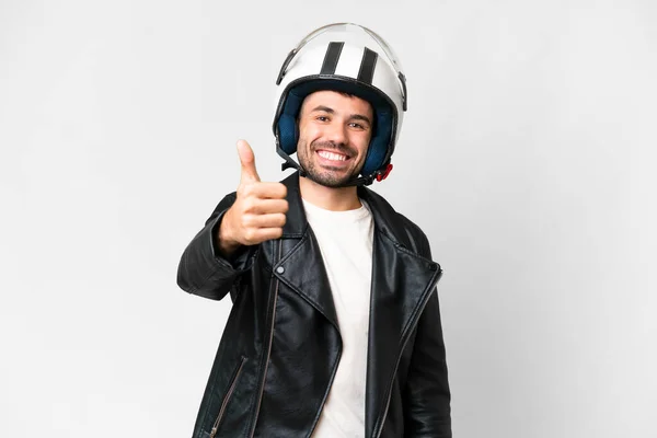 Motosikletli Beyaz Kasklı Genç Beyaz Arka Planda Iyi Bir Şey — Stok fotoğraf