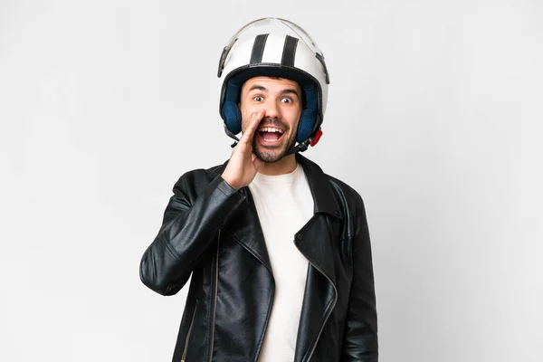 오토바이 헬멧을 코카서스 남자가 놀랍고 충격받은 표정을 — 스톡 사진