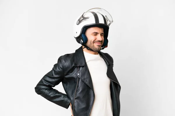 Молодой Кавказский Мужчина Мотоциклетном Шлеме Изолированном Белом Фоне Страдает Болей — стоковое фото