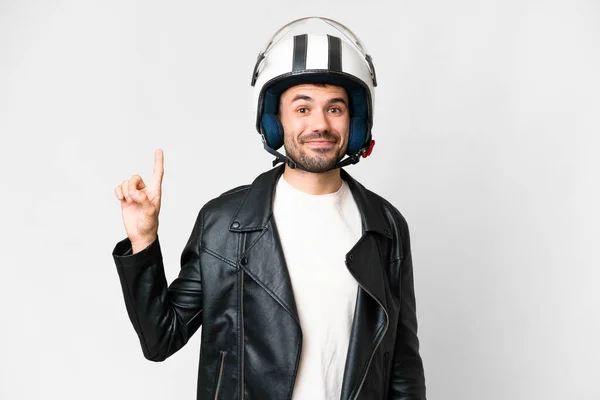 Junger Kaukasischer Mann Mit Motorradhelm Über Isoliertem Weißem Hintergrund Der — Stockfoto
