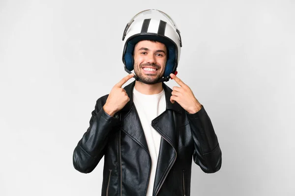 Junger Kaukasischer Mann Mit Motorradhelm Über Isoliertem Weißem Hintergrund Der — Stockfoto