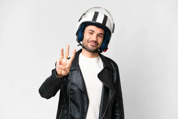 Молодой Белый Мужчина Мотоциклетном Шлеме Изолированном Белом Фоне Счастлив Считает — стоковое фото