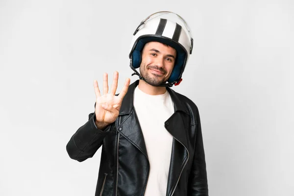 Молодой Кавказский Мужчина Мотоциклетном Шлеме Изолированном Белом Фоне Счастлив Считает — стоковое фото