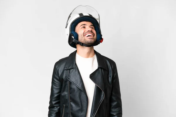 Young Caucasian Man Motorcycle Helmet Isolated White Background Laughing — Foto de Stock