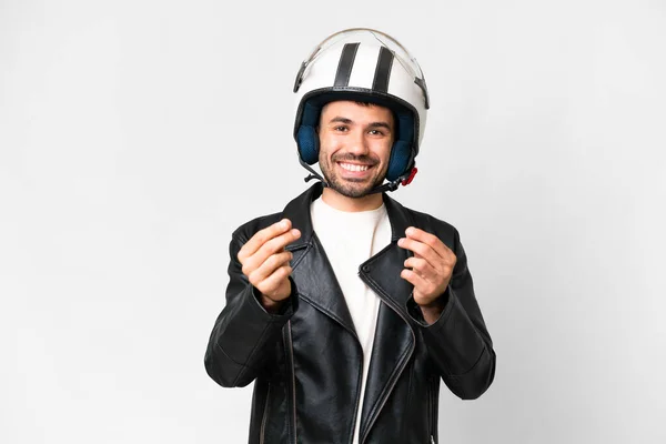 Молодой Кавказский Мужчина Мотоциклетном Шлеме Изолированном Белом Фоне Делает Денежный — стоковое фото