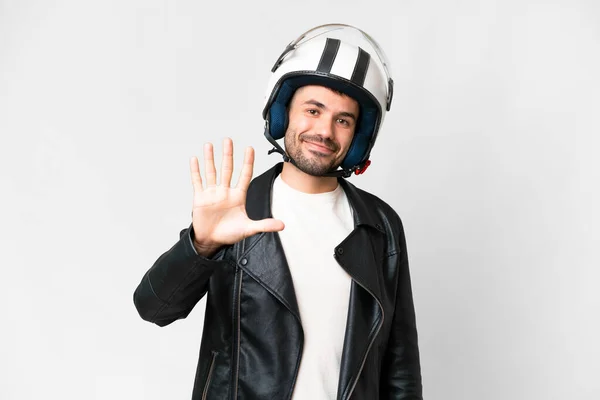 Молодой Белый Мужчина Мотоциклетном Шлеме Изолированном Белом Фоне Пятеро Пальцами — стоковое фото