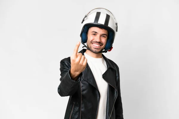 Молодой Белый Мужчина Мотоциклетном Шлеме Изолированном Белом Фоне Делает Предстоящий — стоковое фото
