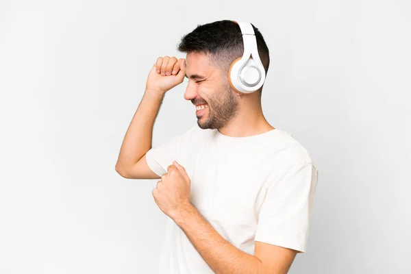 Young Handsome Caucasian Man Isolated White Background Listening Music Dancing — Stock Photo, Image