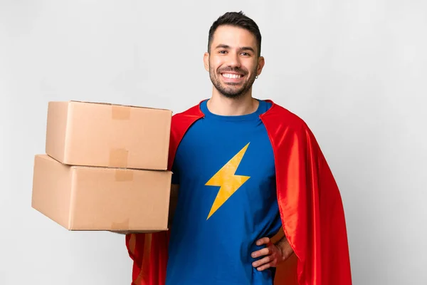 Super Hero Delivery Caucasian Man Isolated White Background Posing Arms — Stock Photo, Image