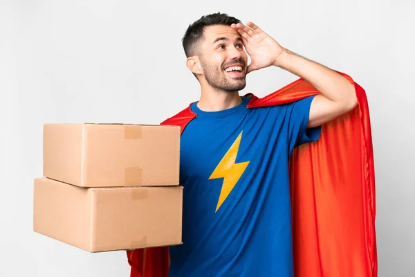 Super Hero Delivery Caucasian Man Isolated White Background Smiling Lot — Stock Photo, Image