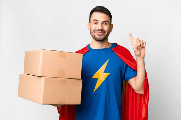 Super Hero Delivery Caucasian Man Isolated White Background Pointing Great — Stock Photo, Image