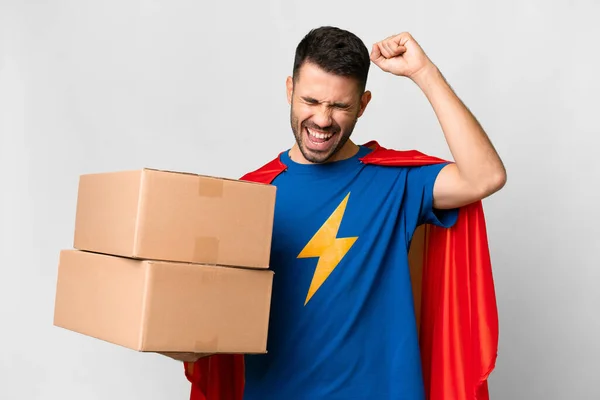 Super Hero Delivery Caucasian Man Isolated White Background Celebrating Victory — Stock Photo, Image