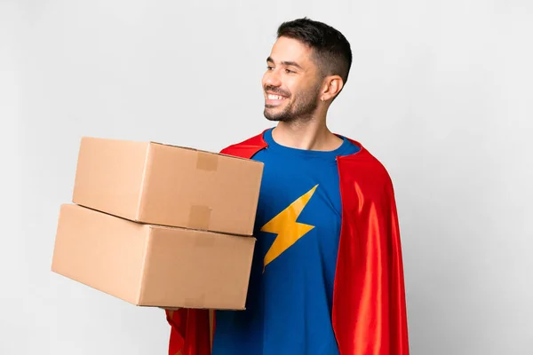 Super Hero Delivery Caucasian Man Isolated White Background Looking Side — Stock Photo, Image