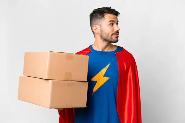 Super Hero Delivery Caucasian Man Isolated White Background Looking Side — Stock Photo, Image