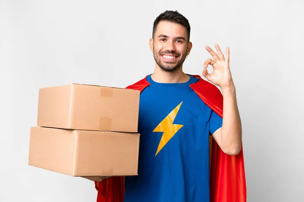 Super Hero Delivery Caucasian Man Isolated White Background Showing Sign — Stock Photo, Image