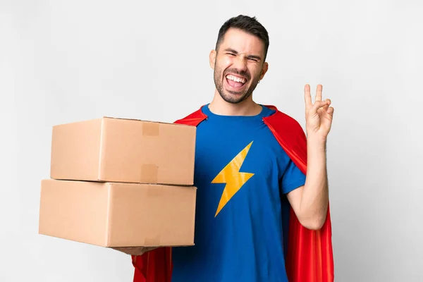 Super Hero Delivery Caucasian Man Isolated White Background Smiling Showing — Stock Photo, Image
