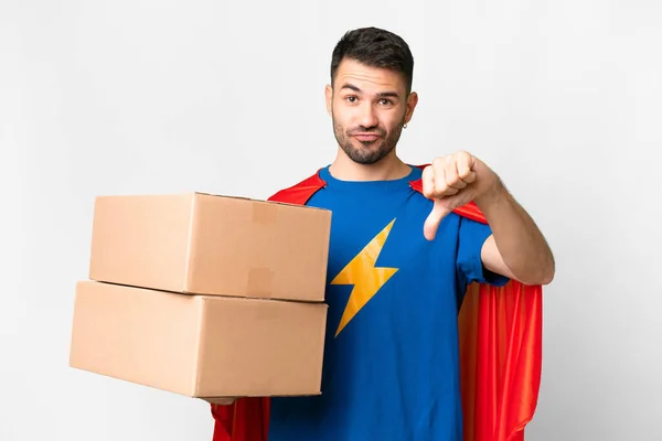 Super Hero Delivery Caucasian Man Isolated White Background Showing Thumb — Stock Photo, Image