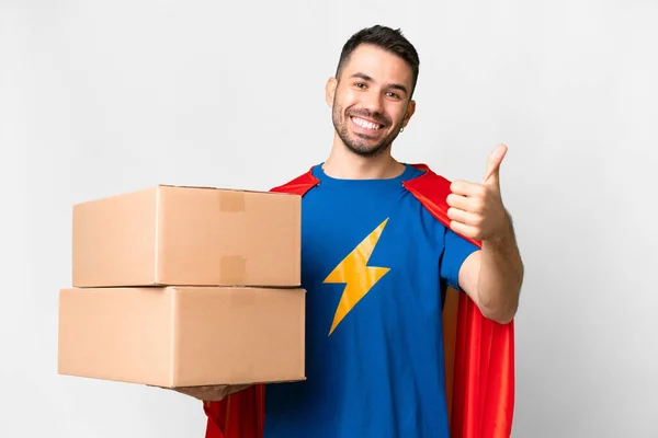Super Hero Delivery Caucasian Man Isolated White Background Thumbs Because — Stock Photo, Image