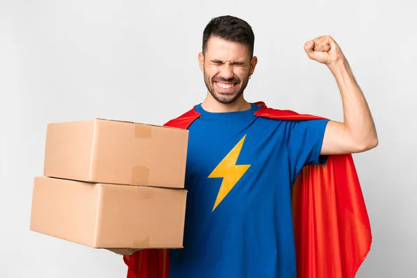 Super Hero Delivery Caucasian Man Isolated White Background Doing Strong — Stock Photo, Image
