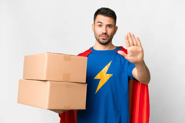 Super Hero Delivery Caucasian Man Isolated White Background Making Stop — Stock Photo, Image