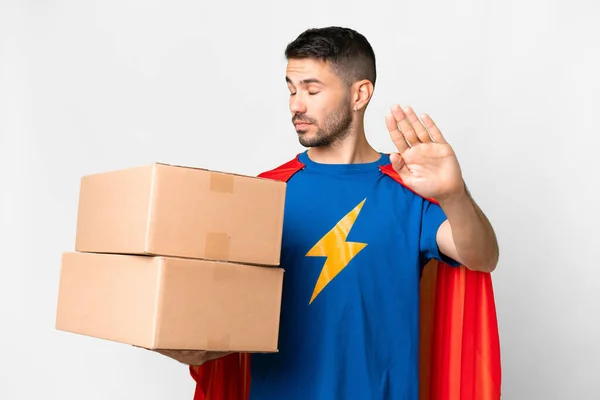 Super Hero Delivery Caucasian Man Isolated White Background Making Stop — Stock Photo, Image