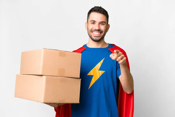 Super Hero Delivery Caucasian Man Isolated White Background Surprised Pointing — Stock Photo, Image