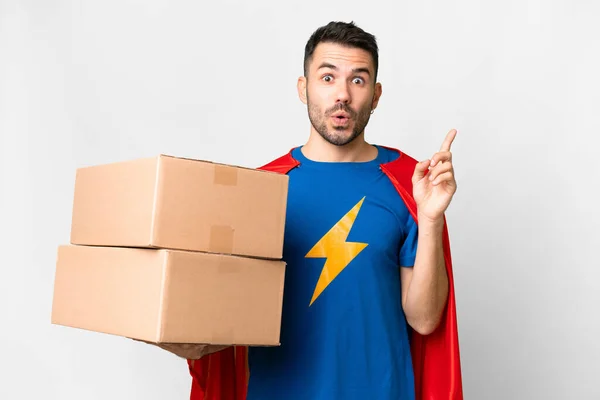 Super Hero Delivery Caucasian Man Isolated White Background Intending Realizes — Stock Photo, Image