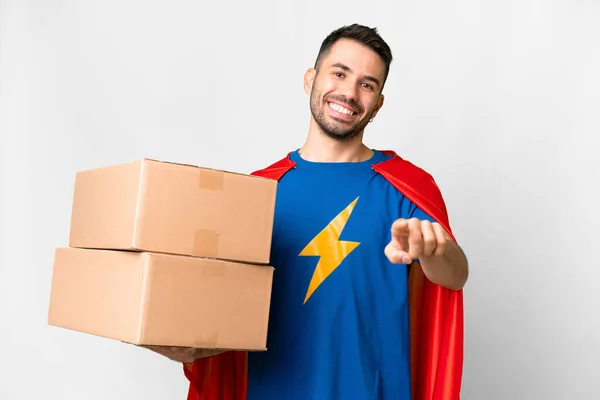 Super Hero Delivery Caucasian Man Isolated White Background Pointing Front — Stock Photo, Image