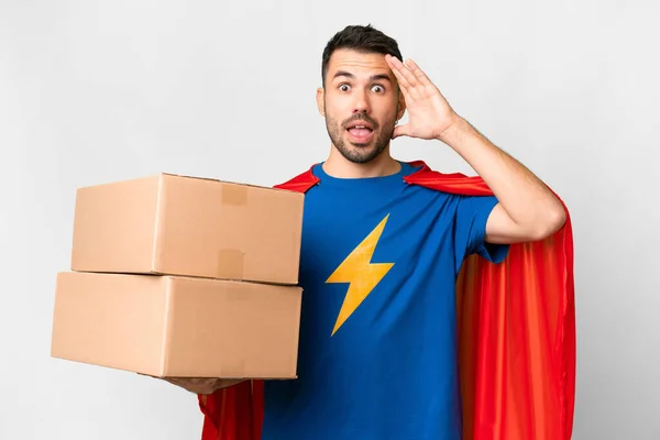 Super Hero Delivery Caucasian Man Isolated White Background Surprise Expression — Stock Photo, Image
