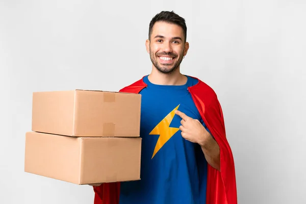 Super Hero Delivery Caucasian Man Isolated White Background Surprise Facial — Stock Photo, Image