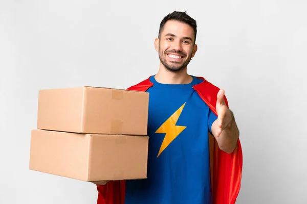 Super Hero Delivery Caucasian Man Isolated White Background Shaking Hands — Stock Photo, Image