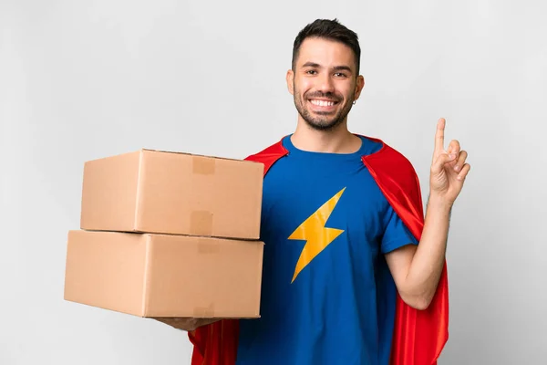 Super Hero Delivery Caucasian Man Isolated White Background Showing Lifting — Stock Photo, Image