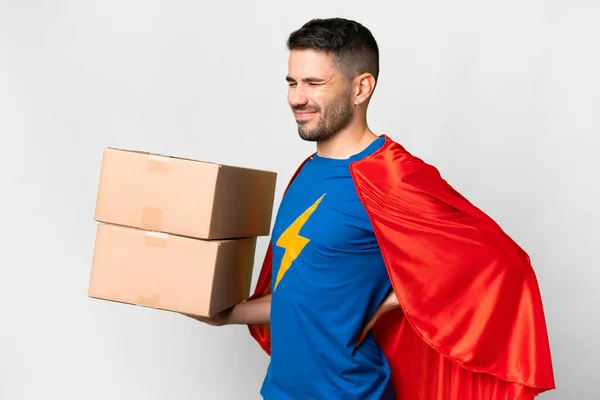 Super Hero Delivery Caucasian Man Isolated White Background Suffering Backache — Stock Photo, Image