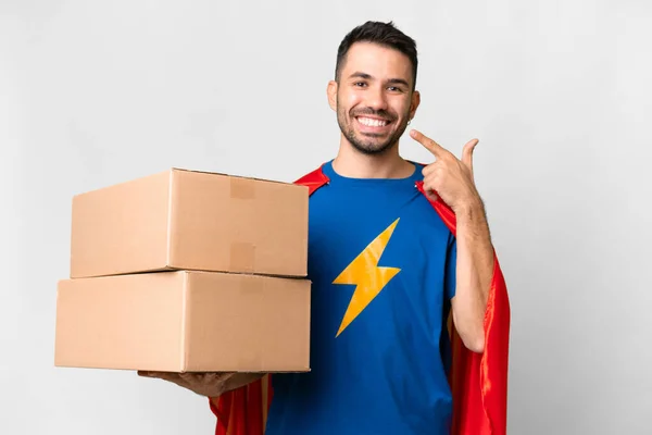 Super Hero Delivery Caucasian Man Isolated White Background Giving Thumbs — Stock Photo, Image