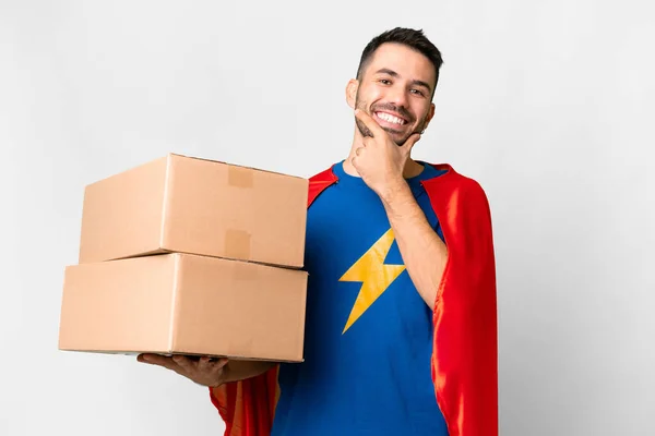 Super Hero Delivery Caucasian Man Isolated White Background Happy Smiling — Stock Photo, Image