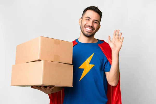 Super Hero Delivery Caucasian Man Isolated White Background Saluting Hand — Stock Photo, Image