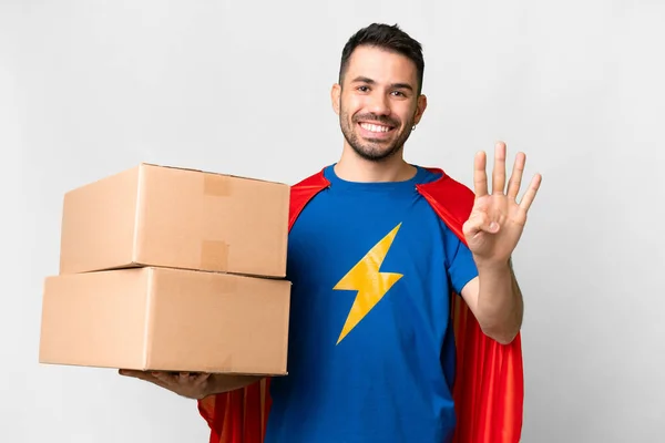 Super Hero Delivery Caucasian Man Isolated White Background Happy Counting — Stock Photo, Image