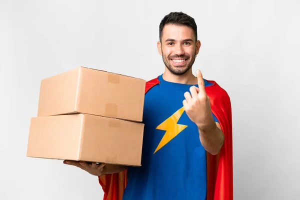 Super Hero Delivery Caucasian Man Isolated White Background Doing Coming — Stock Photo, Image