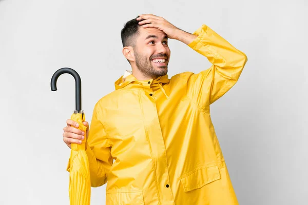Young Caucasian Man Rainproof Coat Umbrella Isolated White Background Has — Stock Photo, Image