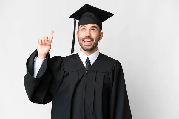 Genç Üniversite Mezunu Izole Edilmiş Beyaz Arka Planda Parmağını Kaldırarak — Stok fotoğraf