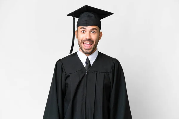 Jovem Universitário Graduado Homem Sobre Isolado Branco Fundo Com Surpresa — Fotografia de Stock