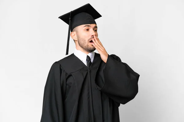 Νεαρός Απόφοιτος Πανεπιστημίου Πάνω Από Απομονωμένο Λευκό Φόντο Χασμουρητό Και — Φωτογραφία Αρχείου