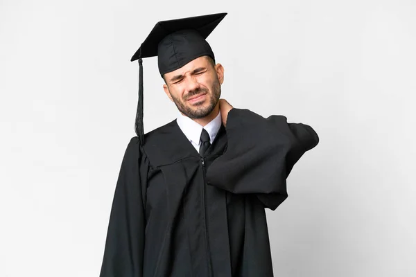 年轻的大学毕业生 出身孤立的白人背景 脖子酸痛 — 图库照片