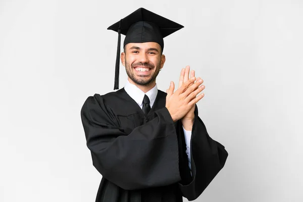 Jeune Diplômé Université Sur Fond Blanc Isolé Applaudissements Après Présentation — Photo