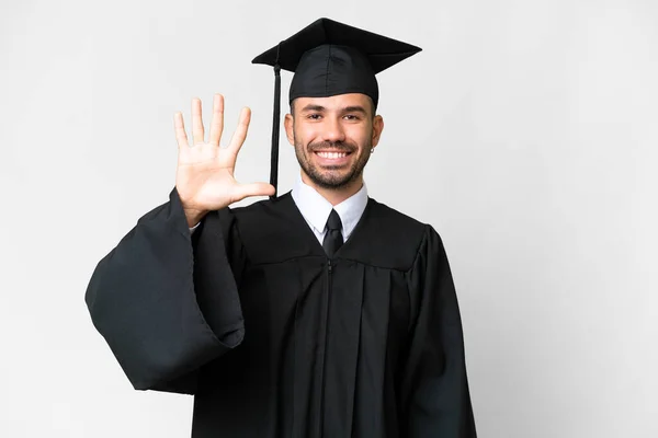 Zole Edilmiş Beyaz Arka Planda Genç Bir Üniversite Mezunu Parmaklarıyla — Stok fotoğraf