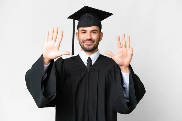 Jovem Universitário Graduado Homem Sobre Isolado Branco Fundo Contando Nove — Fotografia de Stock