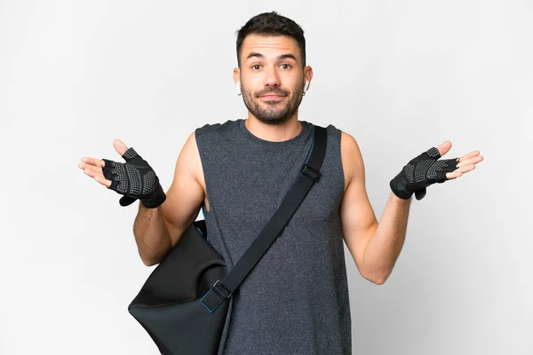 Young Sport Caucasian Man Sport Bag Isolated White Background Having — Stock Photo, Image