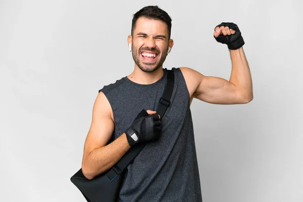 Young Sport Caucasian Man Sport Bag Isolated White Background Doing — Stock Photo, Image