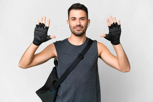 Young Sport Caucasian Man Sport Bag Isolated White Background Counting — Stock Photo, Image